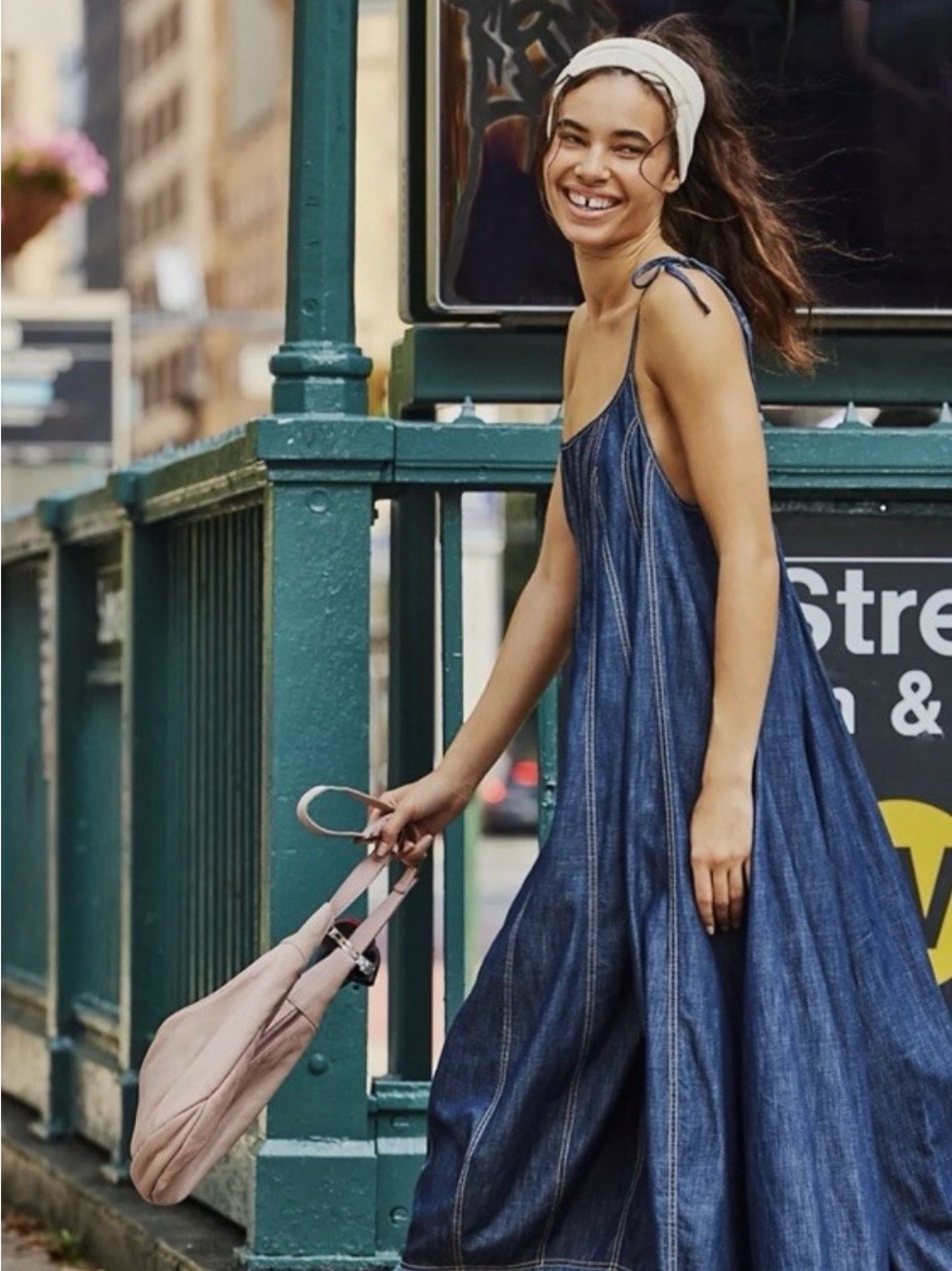 Free People Denim Dreams Midi Tie-Shoulder Dress